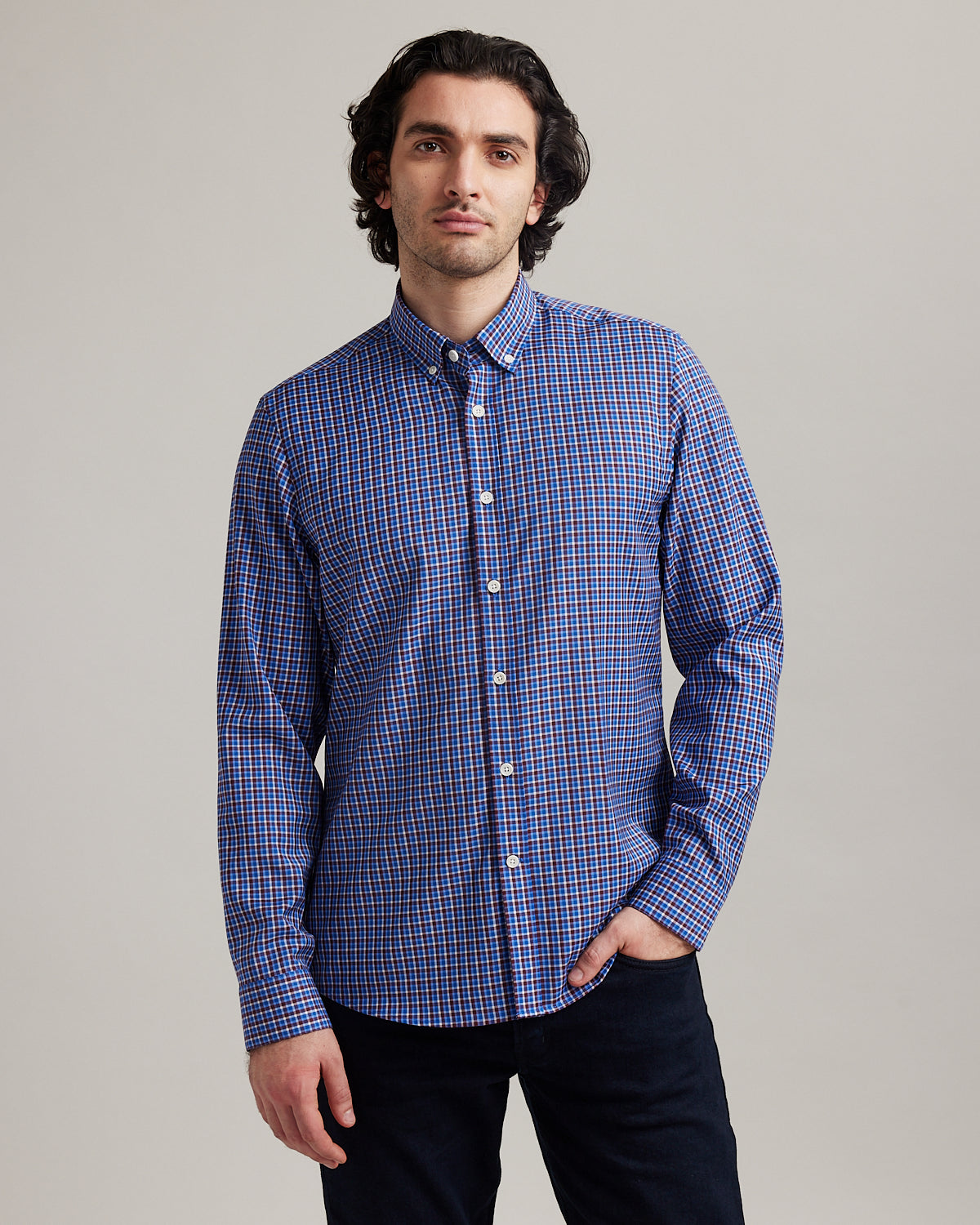 Merino shirt for men in check pattern with long sleeves and button down collar in relaxed fit