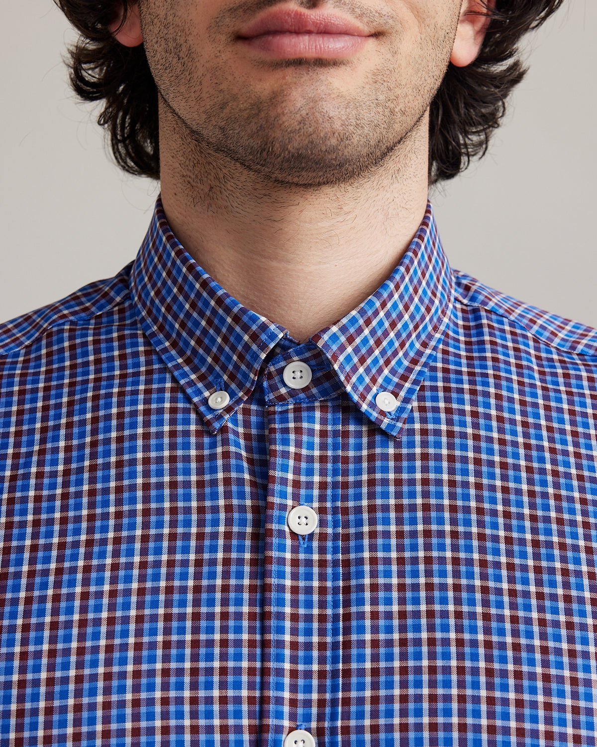 merino shirt for men from wolk in blue red white check pattern in button collar