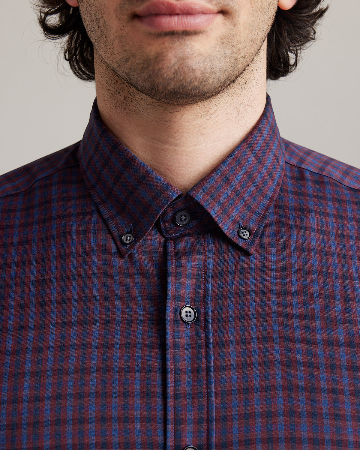 button down collar on Wolk merino wool shirt for men in navy burgundy checks