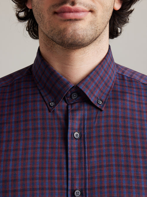 button down collar on Wolk merino wool shirt for men in navy burgundy checks