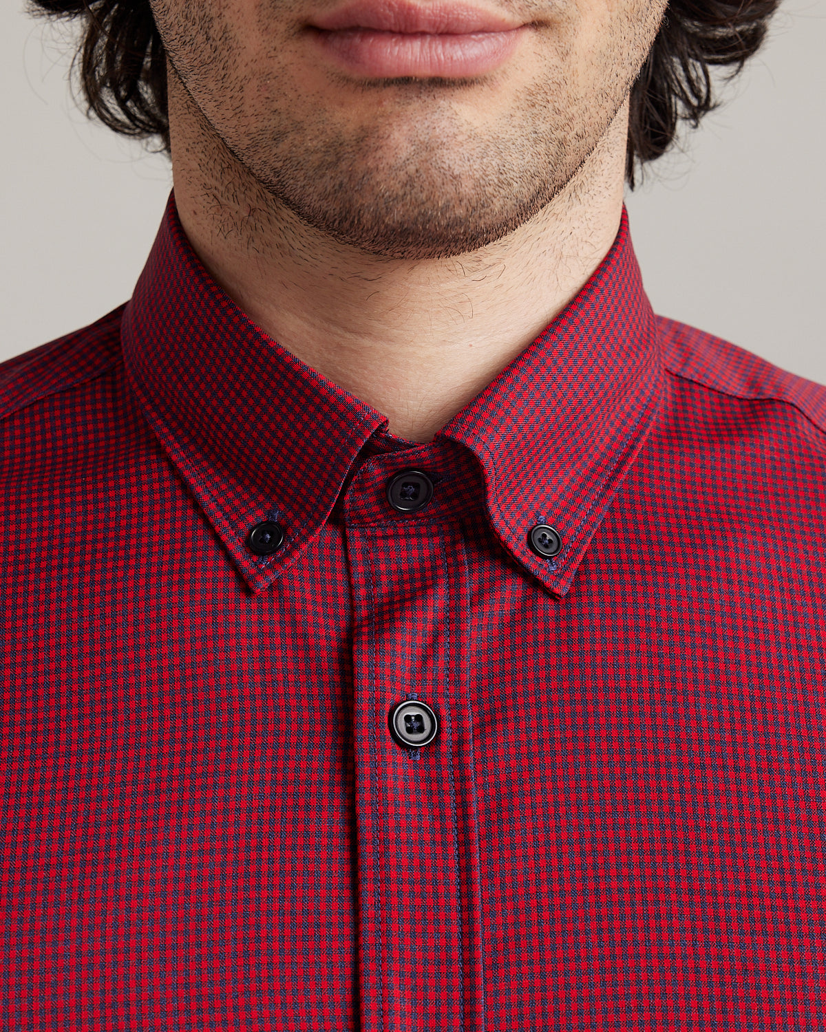 wolk button down merino wool shirt in red navy gingham for men