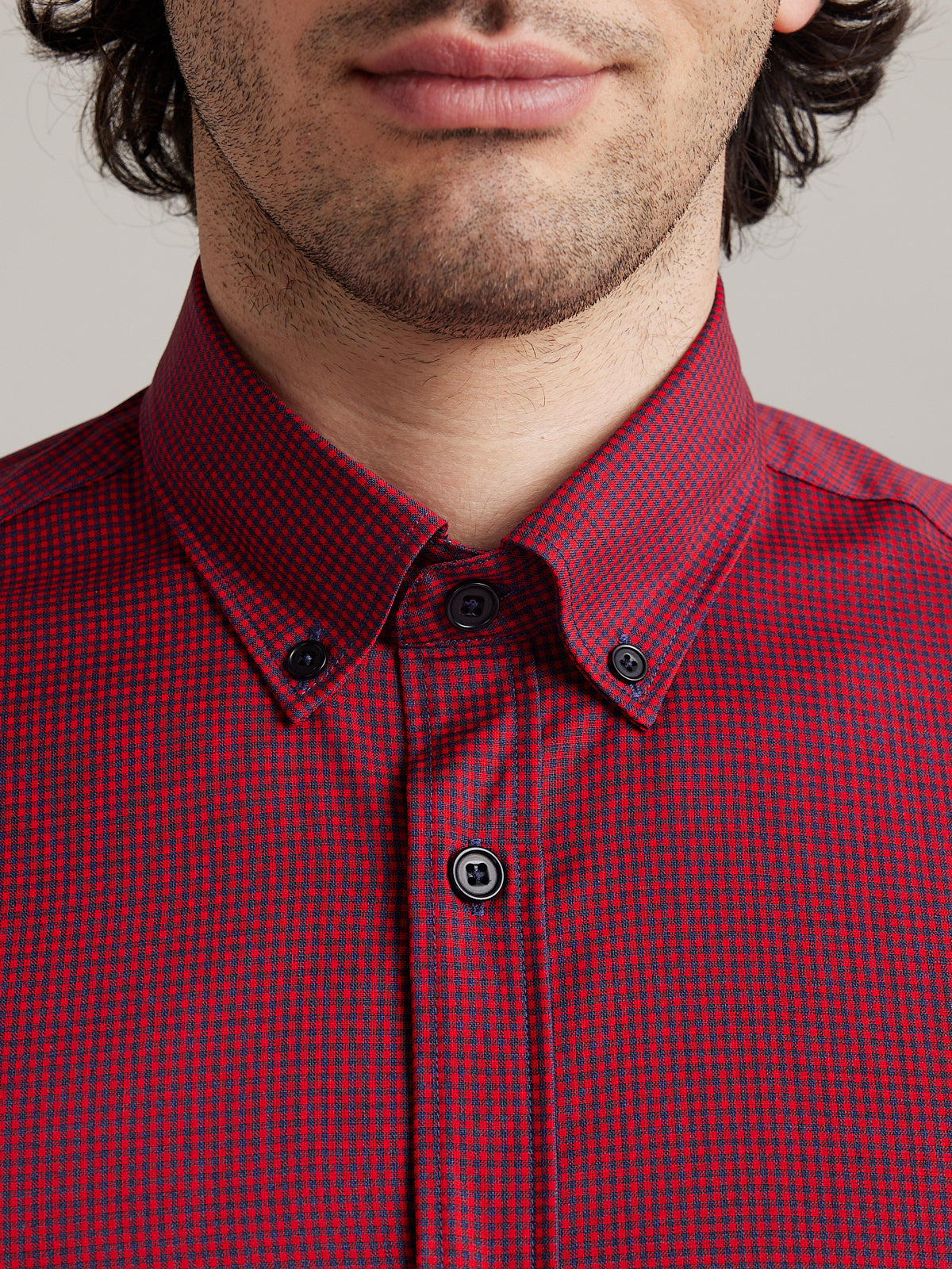 wolk button down merino wool shirt in red navy gingham for men