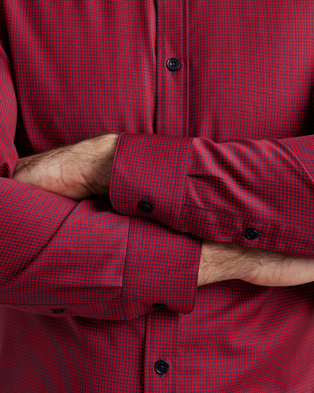 Merino wool shirt with red navy mini gingham pattern and navy buttons