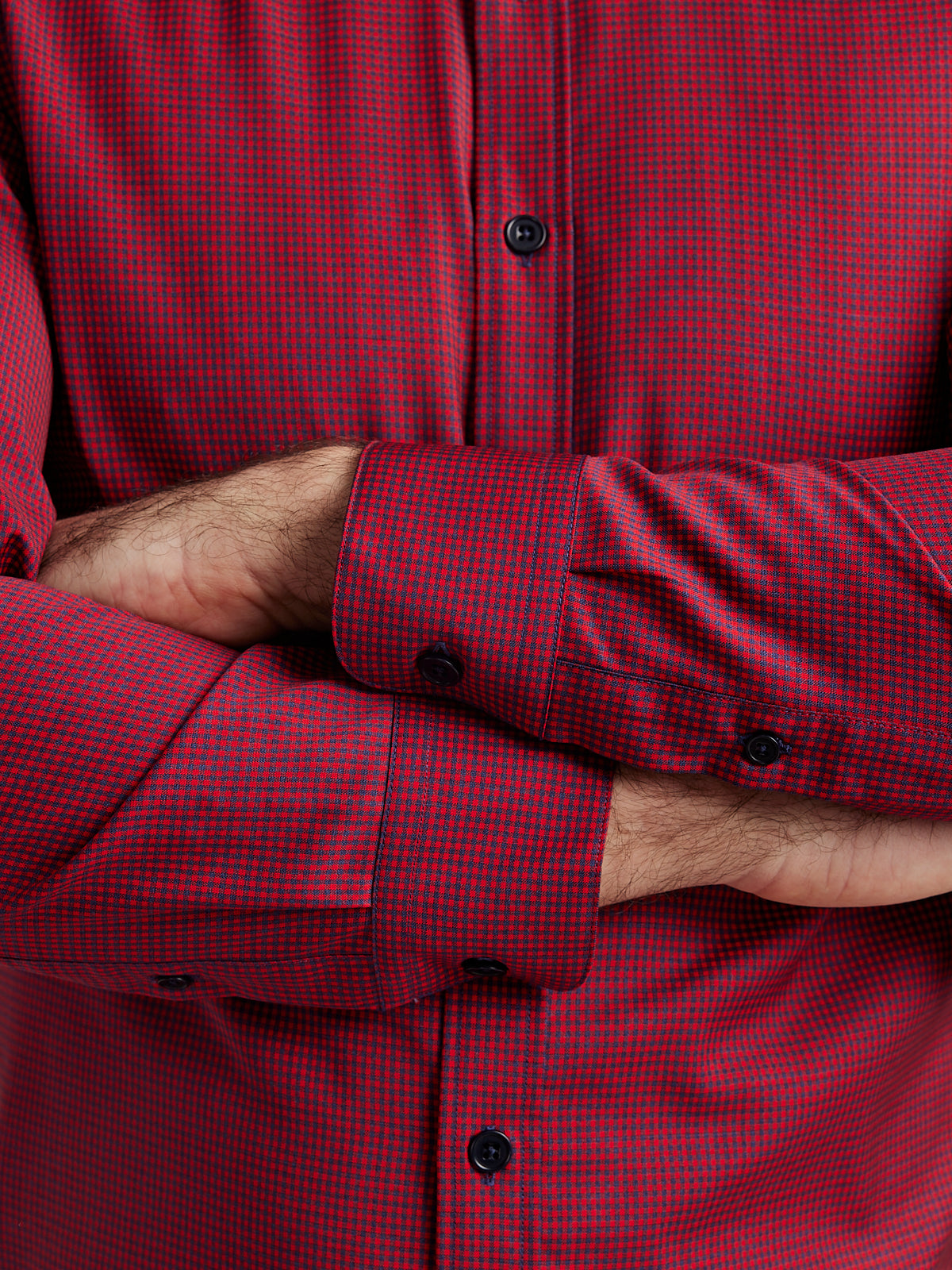 Merino wool shirt with red navy mini gingham pattern and navy buttons