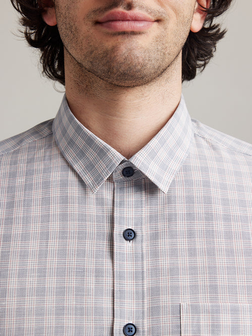 classic collar on linen merino summer shirt with navy red line graph and navy buttons