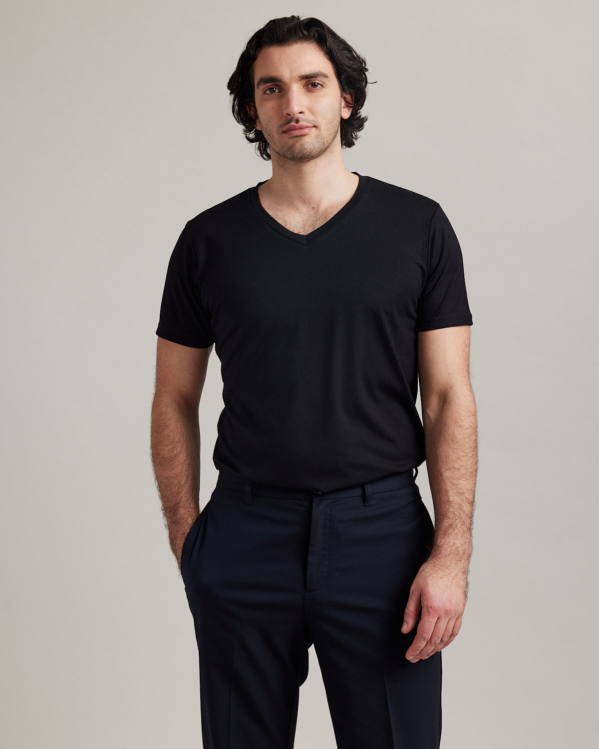 Wolk- man wearing Climaforce Merino wool T-shirt-black V-neck made in Europe with short sleeves