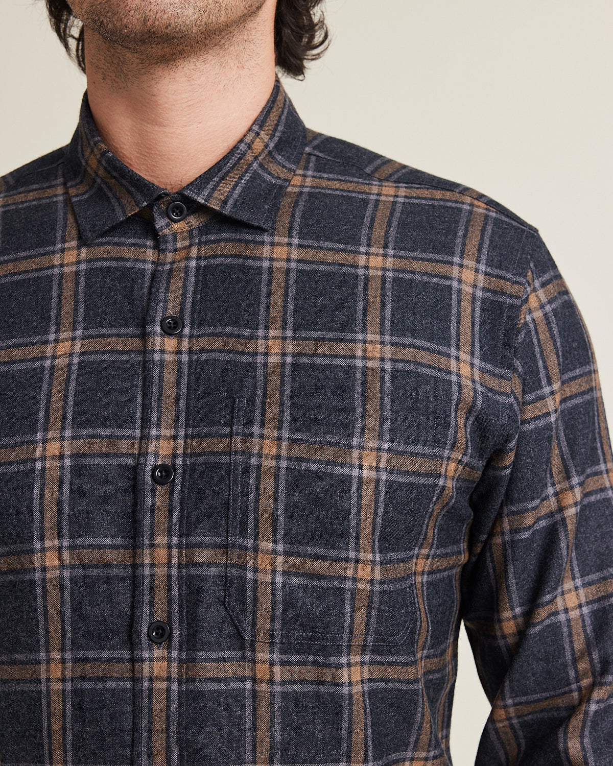 Wolk merino wool flannel shirt in brown grey plaid pattern with chest pocket
