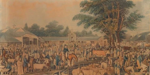 Vintage illustration of a livestock market with people and animals.