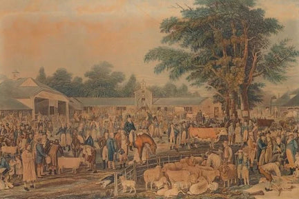 Vintage illustration of a livestock market with people and animals.