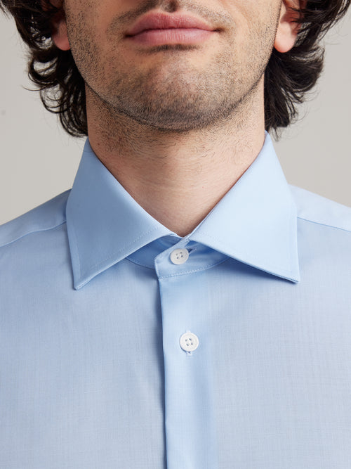 English spread collar on light blue formal merino wool shirt for men