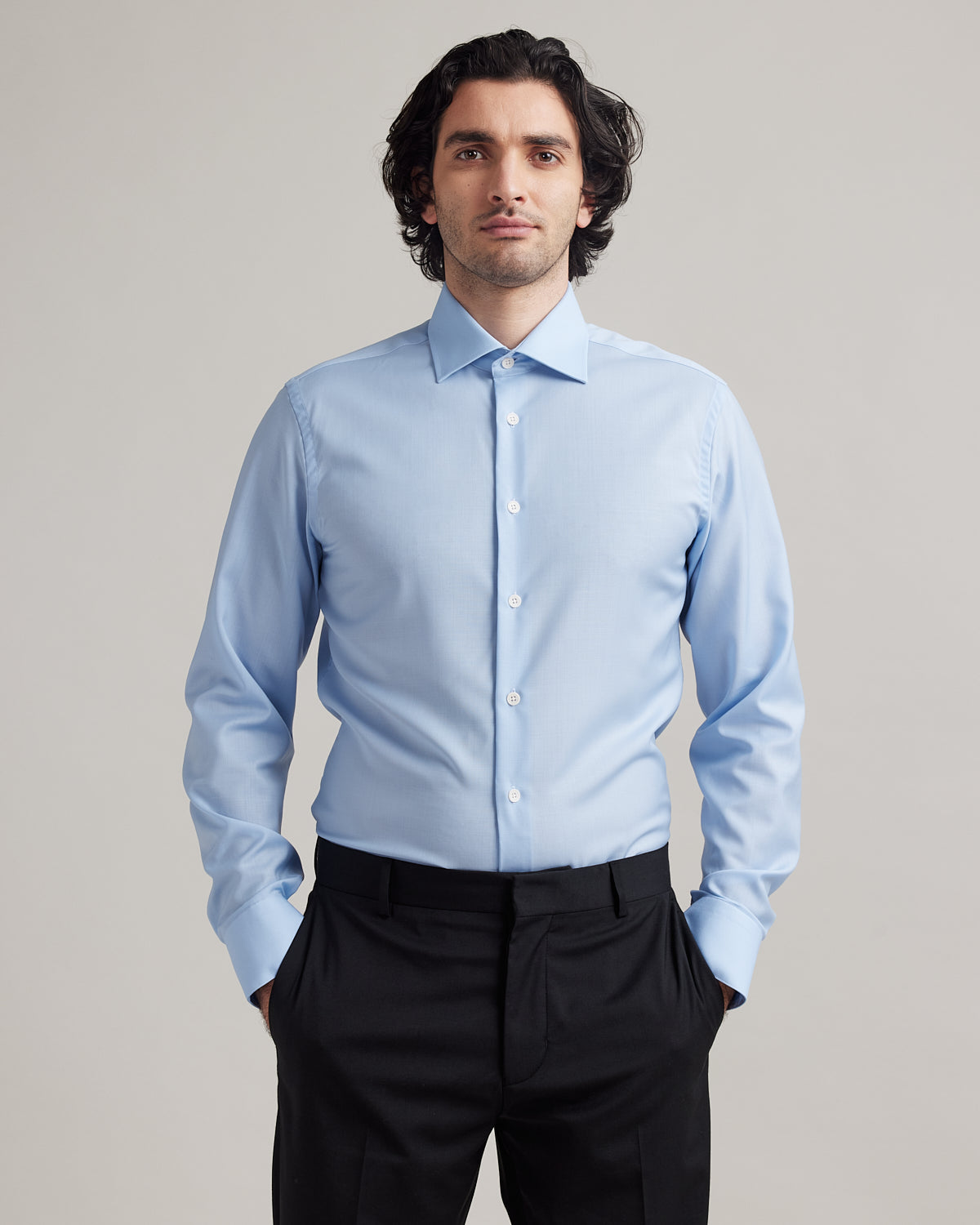 Oliver light blue formal merino shirt for men with english spread collar and corrozo buttons in slim fit