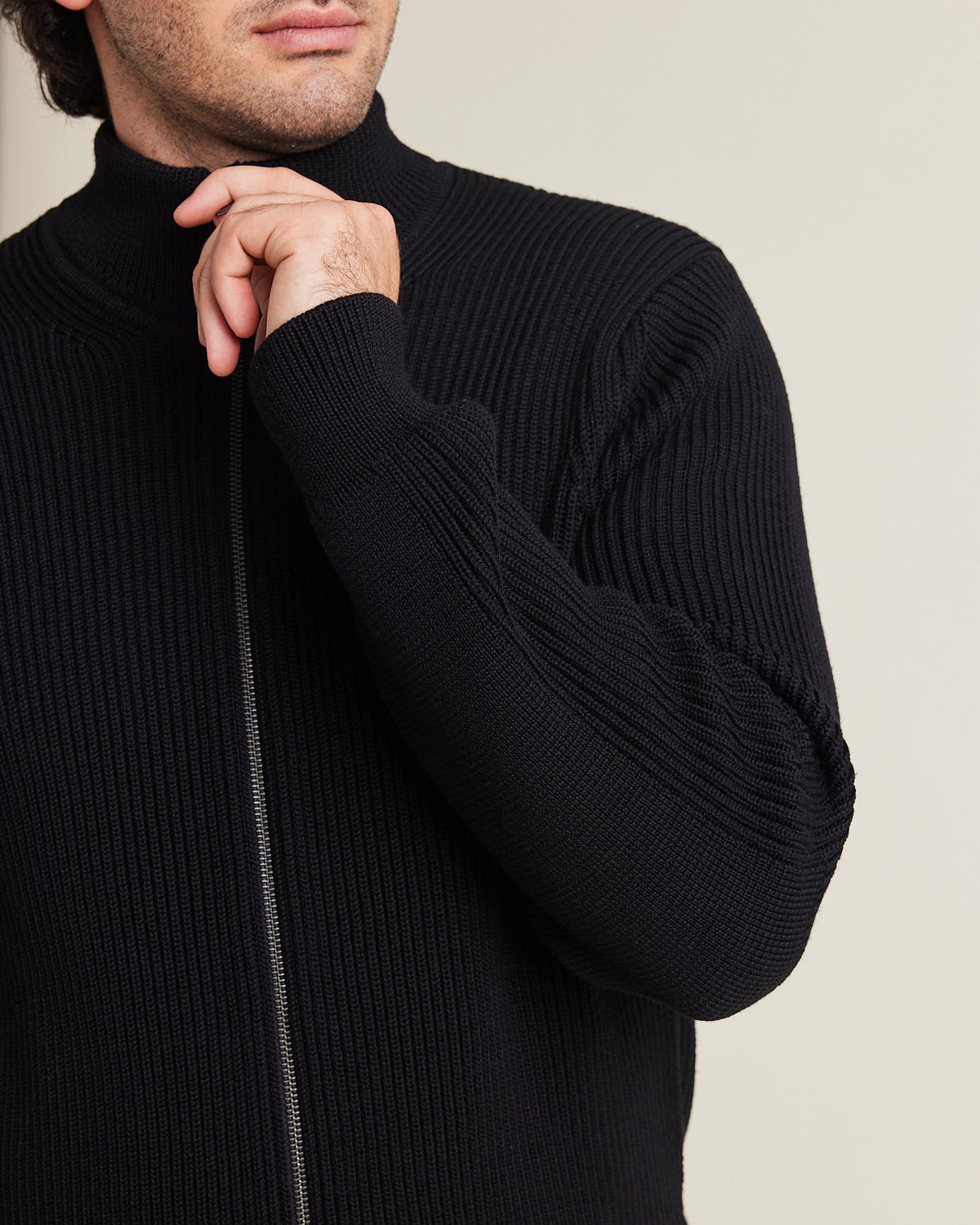 reïnforced elbows on a full cardigan knit merino wool sweater with full zip and high collar for men in black