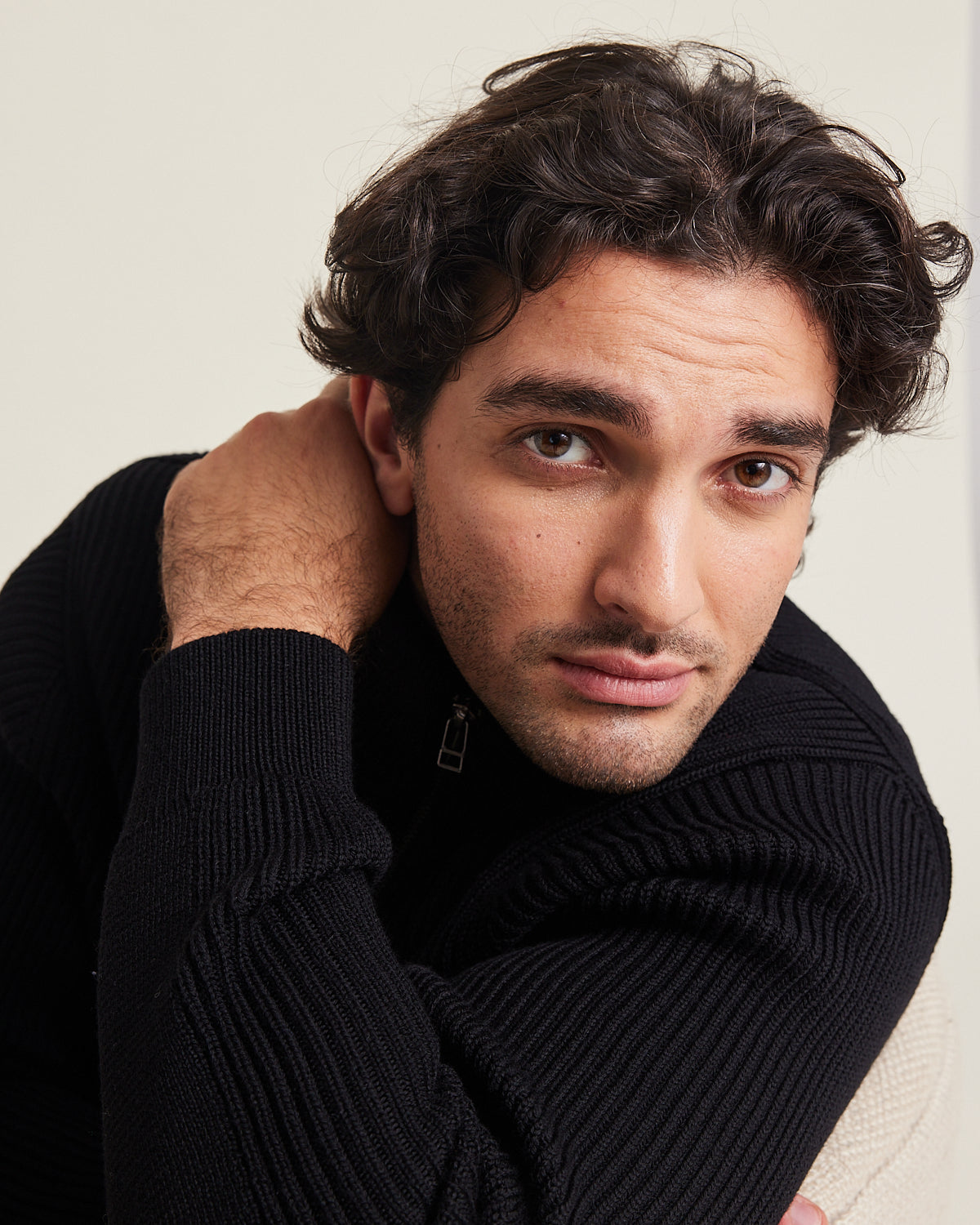 Wolk full zip merino wool sweater in black for men