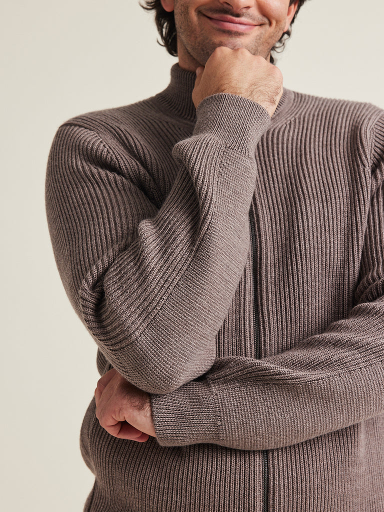 Men's full-zip Merino wool Cardigan in chocolate chip brown – Wolk