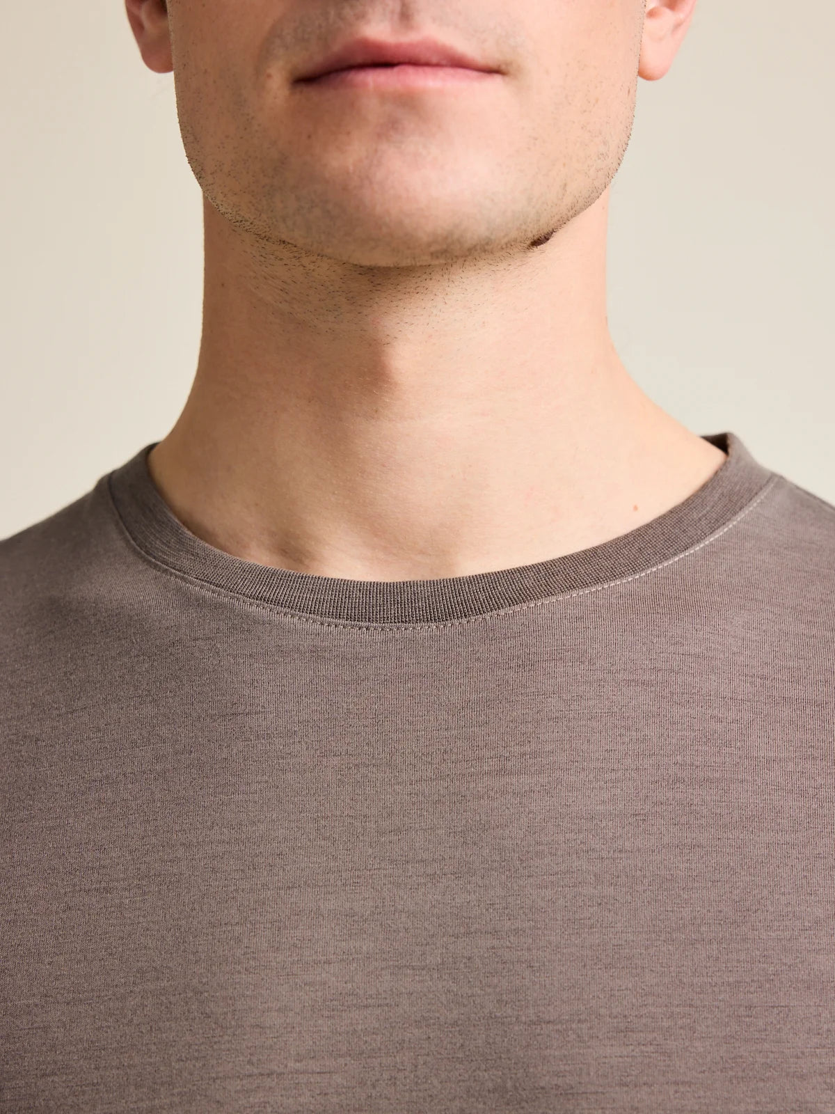 Detail shot of the chocolate brown crew neck collar from Wolk's men's merino wool T-shirt collection.