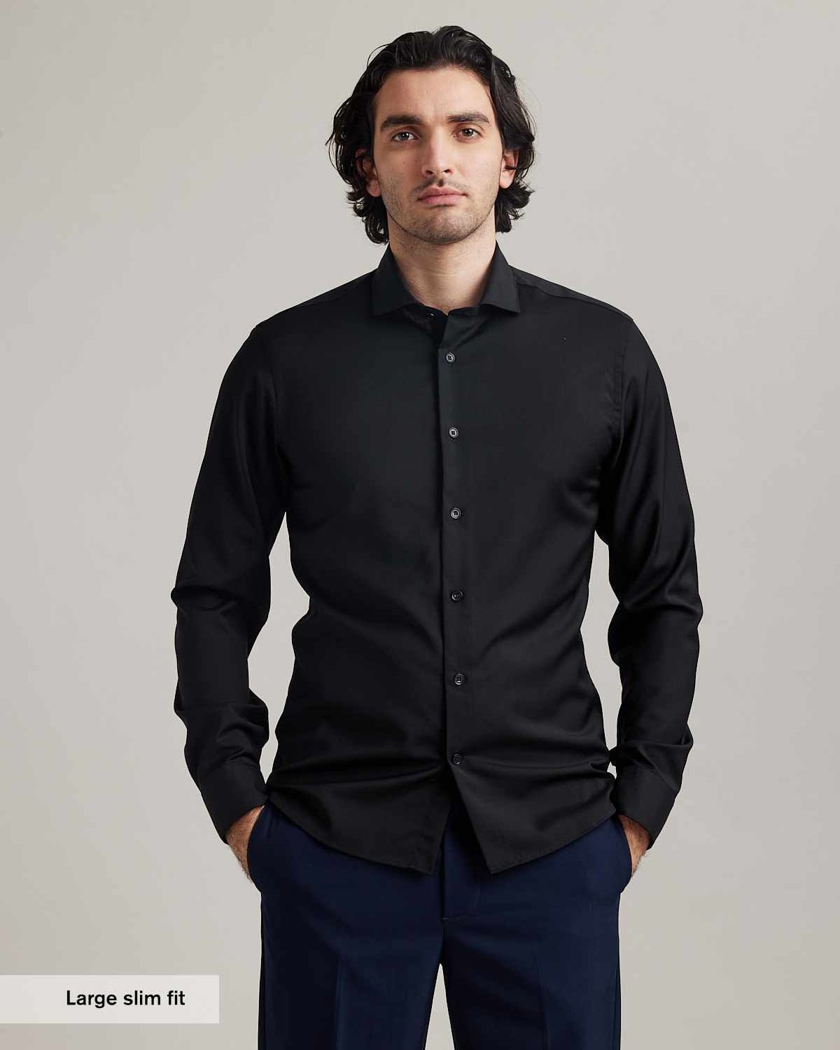 Formal merino wool shirt for men in black with spread collar in slim fit