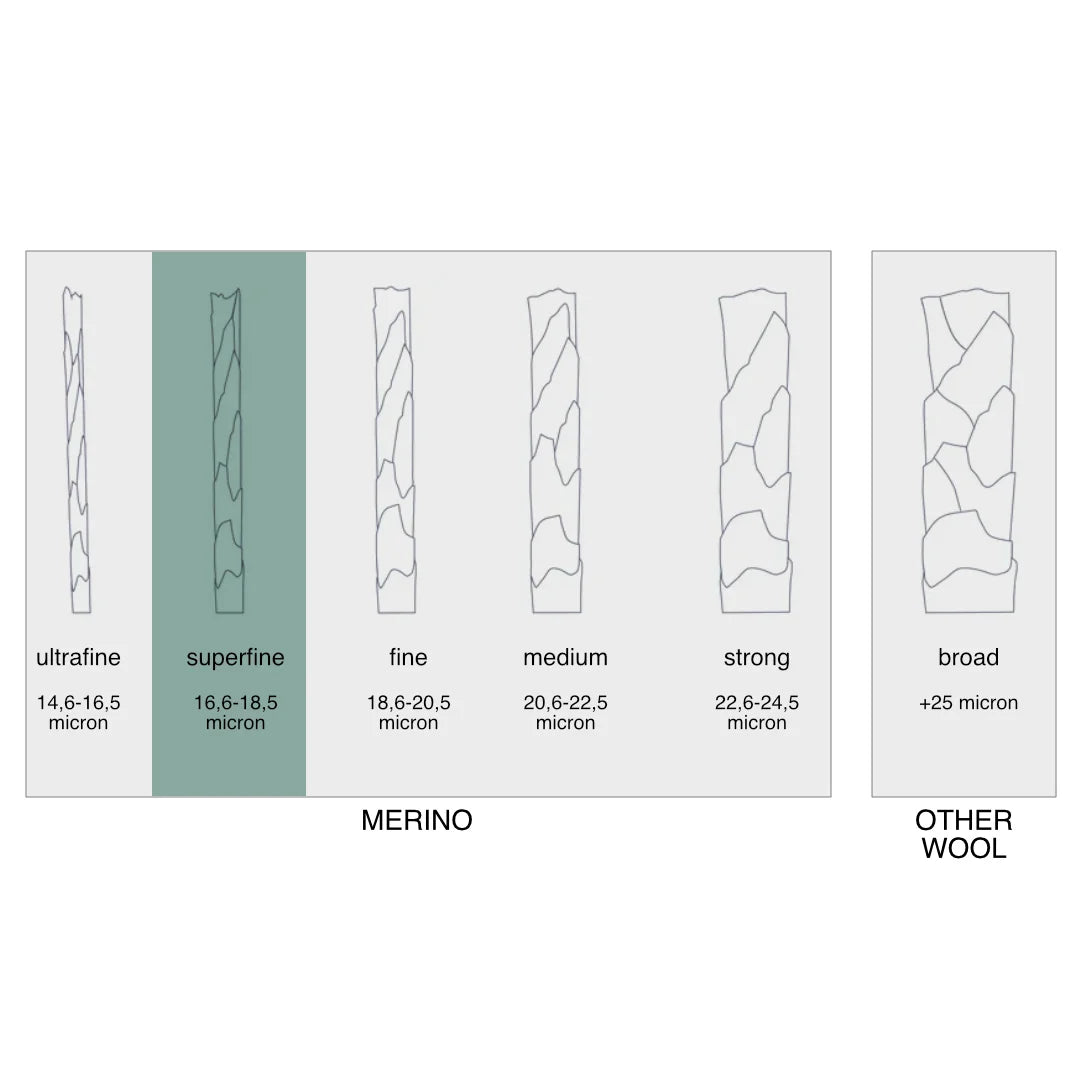 Diagram showing different wool fiber diameters with labels for merino and other wool types.