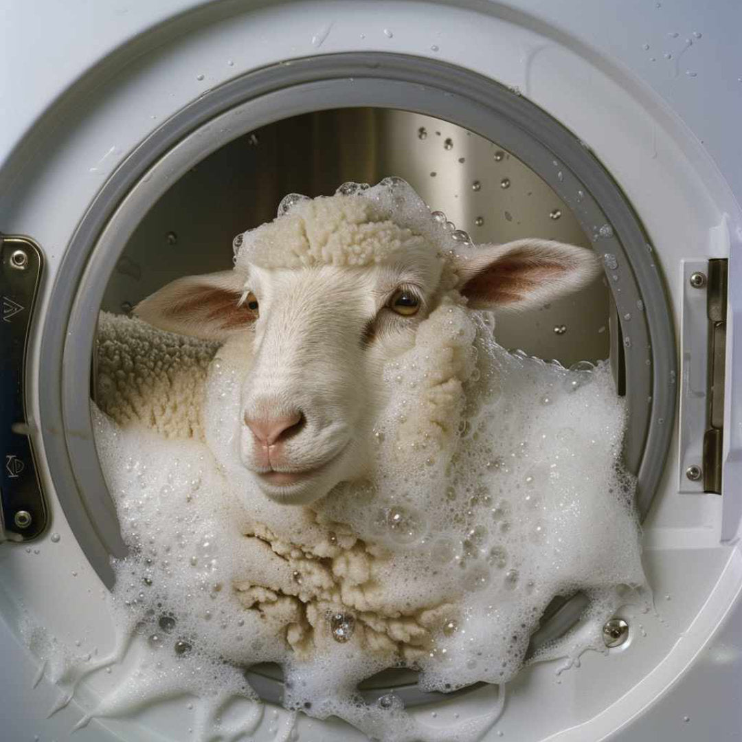 Sheep inside a washing machine with soap suds