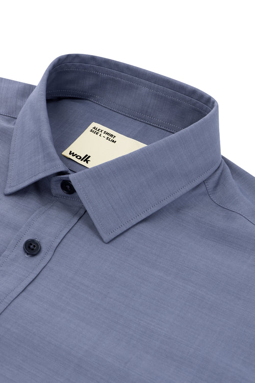 Collar detail of Wolk merino wool shirt in colour mid navy twill