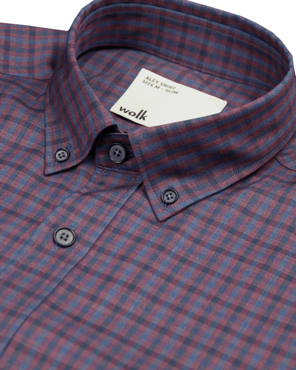 Button down merino wool shirt in burgundy navy gingham with classic collar with Wolk logo