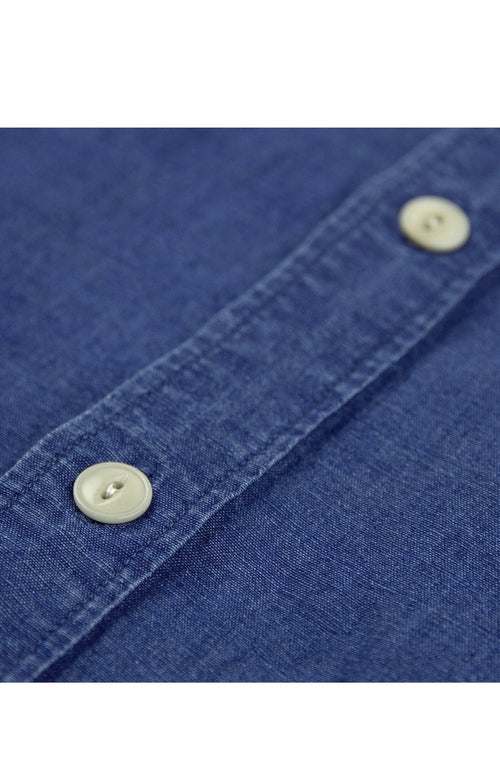 European linen in blue indigo color and off white corozo buttons