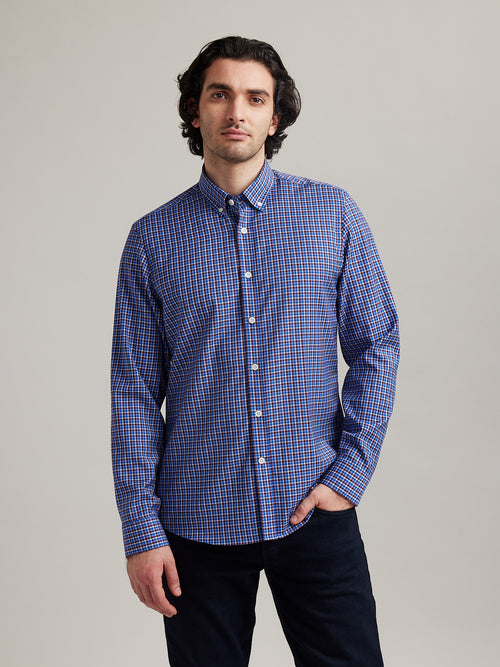 Merino shirt for men in check pattern with long sleeves and button down collar in relaxed fit
