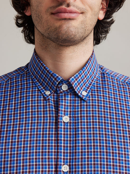 merino shirt for men from wolk in blue red white check pattern in button collar