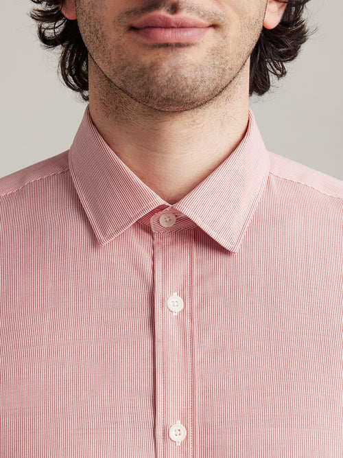 Merino wool shirt in red hairline stripe with classic collar