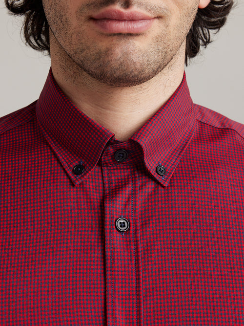 wolk button down merino wool shirt in red and navy gingham