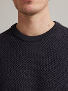 rice knit stitch on merino wool sweater with crew neck and double layered collar for men