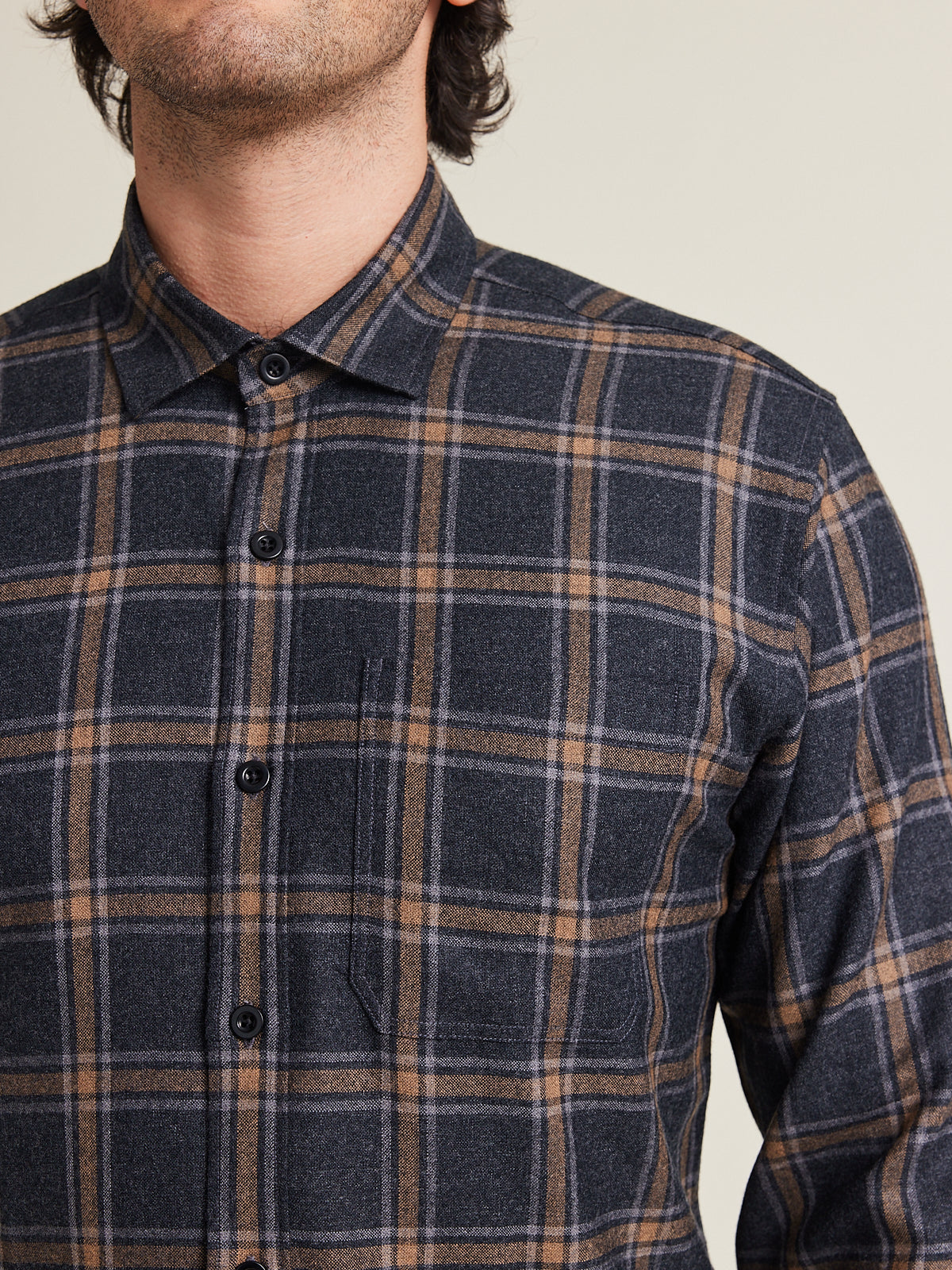 Wolk merino wool flannel shirt in brown grey plaid pattern with chest pocket