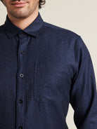 Chest pocket on a merino flannel shirt for men in navy color with classic collar