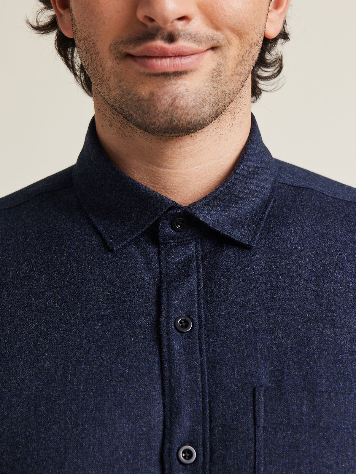 Classic collar and corozo buttons on a Wolk flanel merino shirt for men