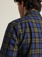 back pleats on merino wool fannel shirt for men in green navy check pattern