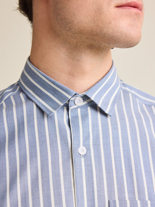 Collar close up of a stripes pattern merino wool shirt for men.