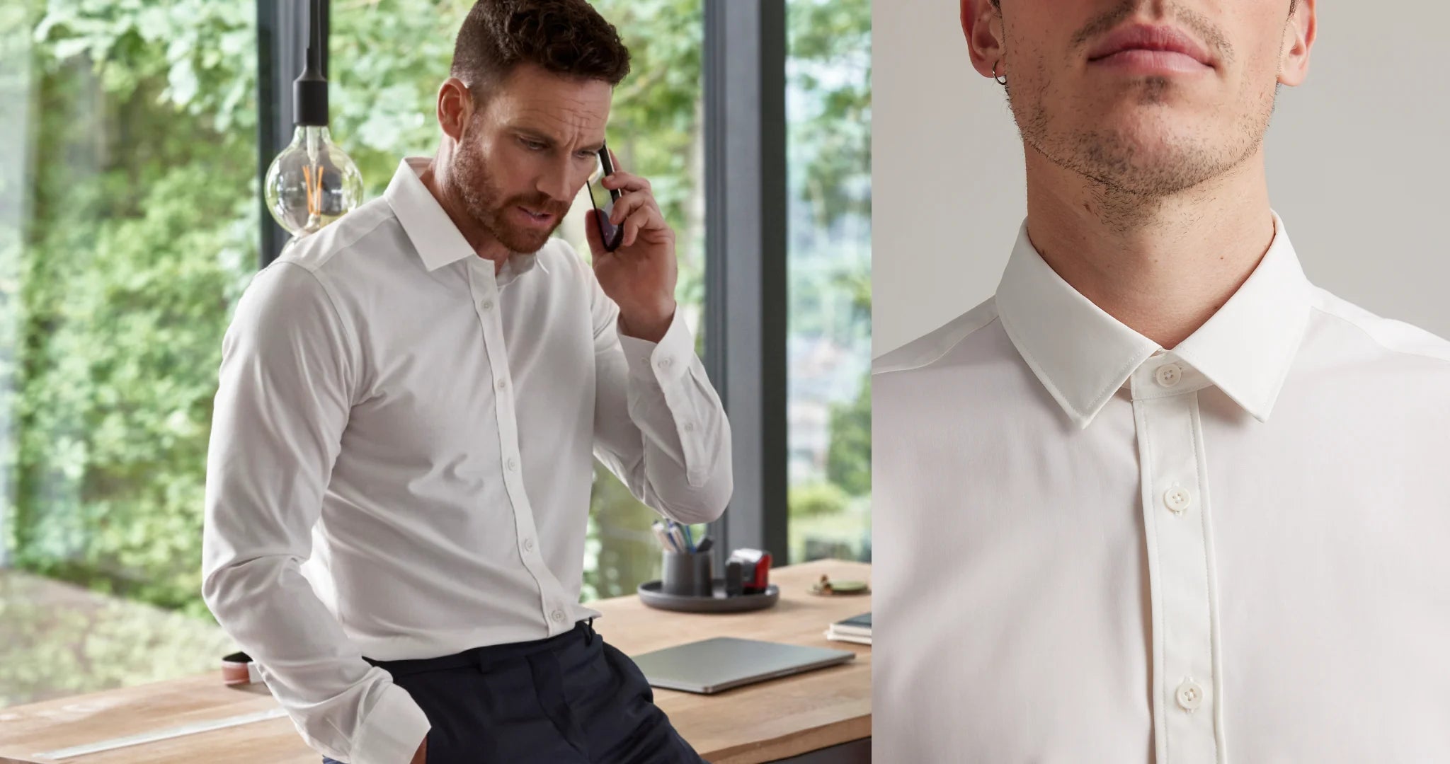 Man in a white merino wool shirt talking on a phone in an office setting, with a close-up of the classic collar.