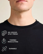 Black merino Tshirt with icons explaining no odour, thermo regulating and durable.