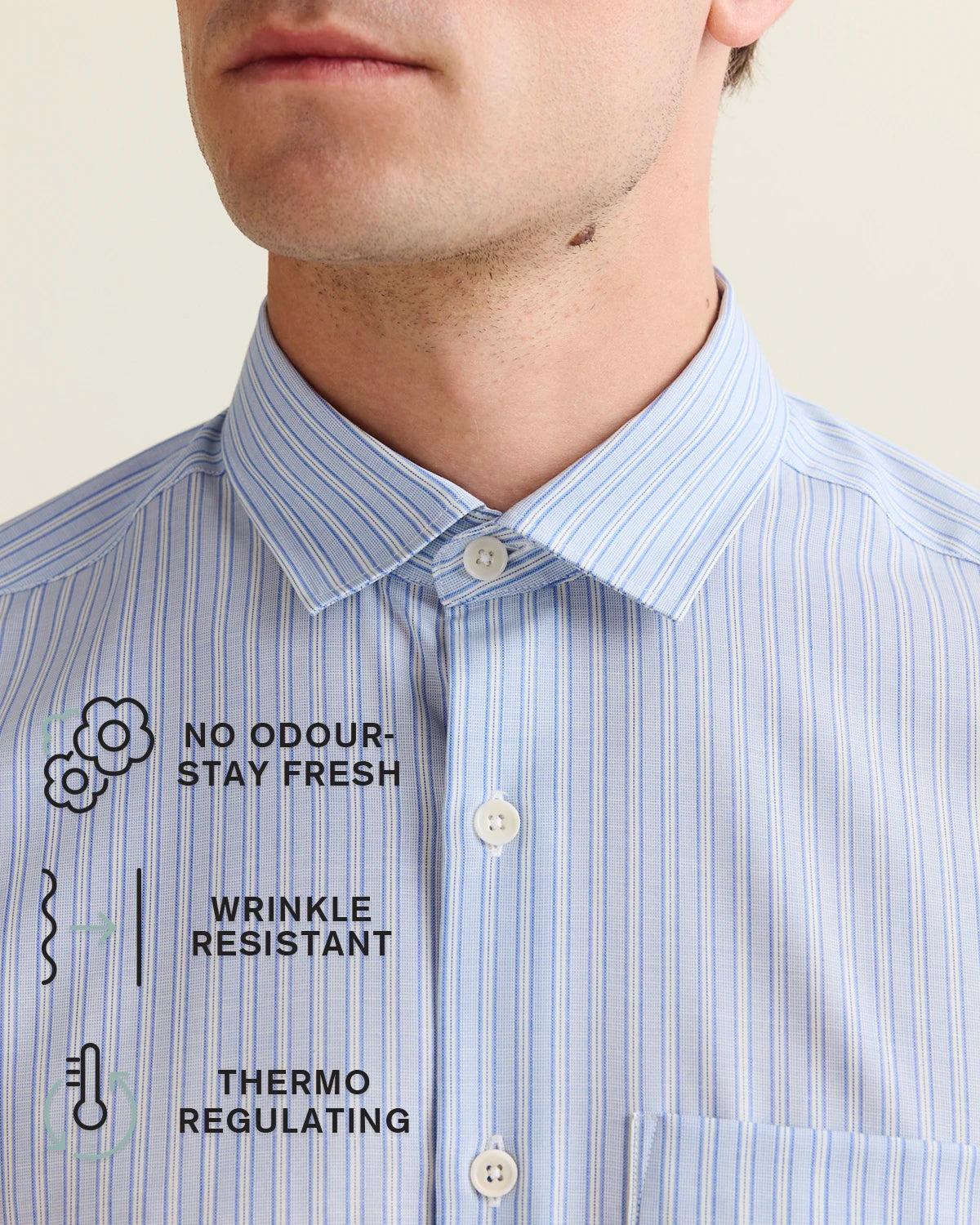 Close-up of a blue striped merino wool shirt with text on it, featuring features like 'No Odour Stay Fresh', 'Wrinkle Resistant', and 'Thermo Regulating'.