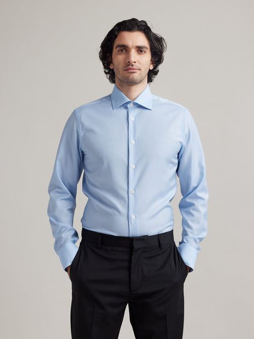 Oliver light blue formal merino shirt for men with english spread collar and corrozo buttons in slim fit
