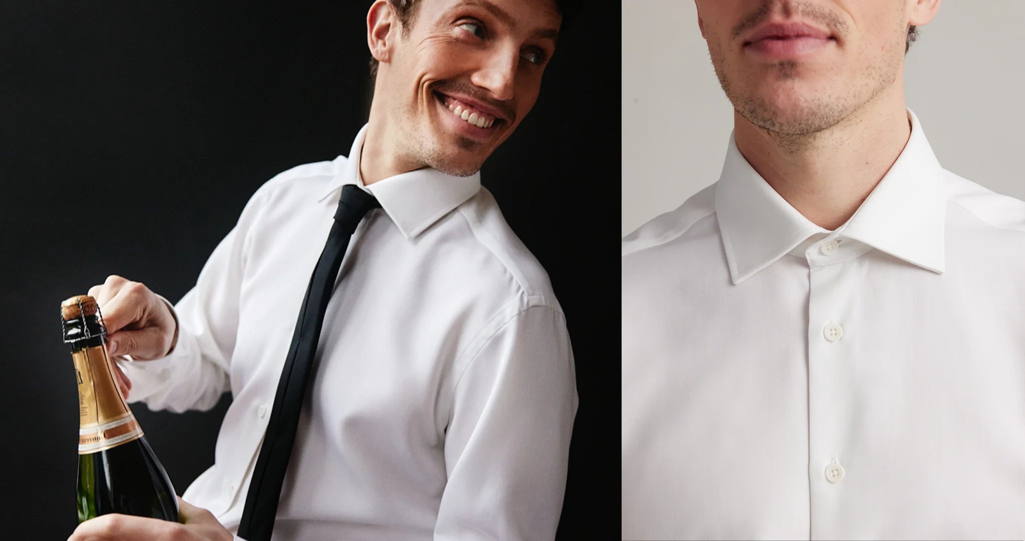 Man in a white merino wool shirt and tie holding a bottle of champagne, with a close-up of the English spread collar