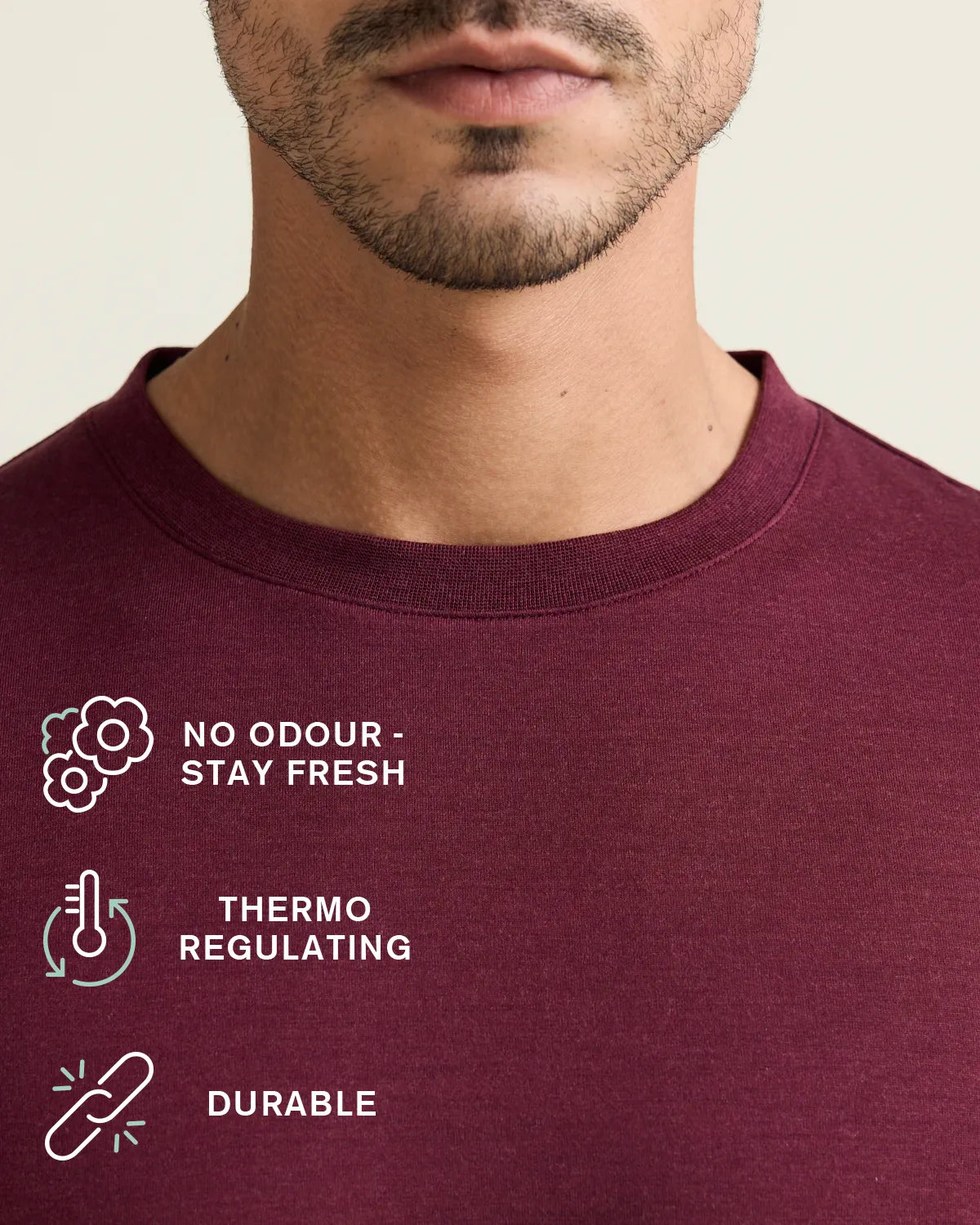 rib collar on a mens merino tshirt with icons explaining no odour, thermo-regulating and durable