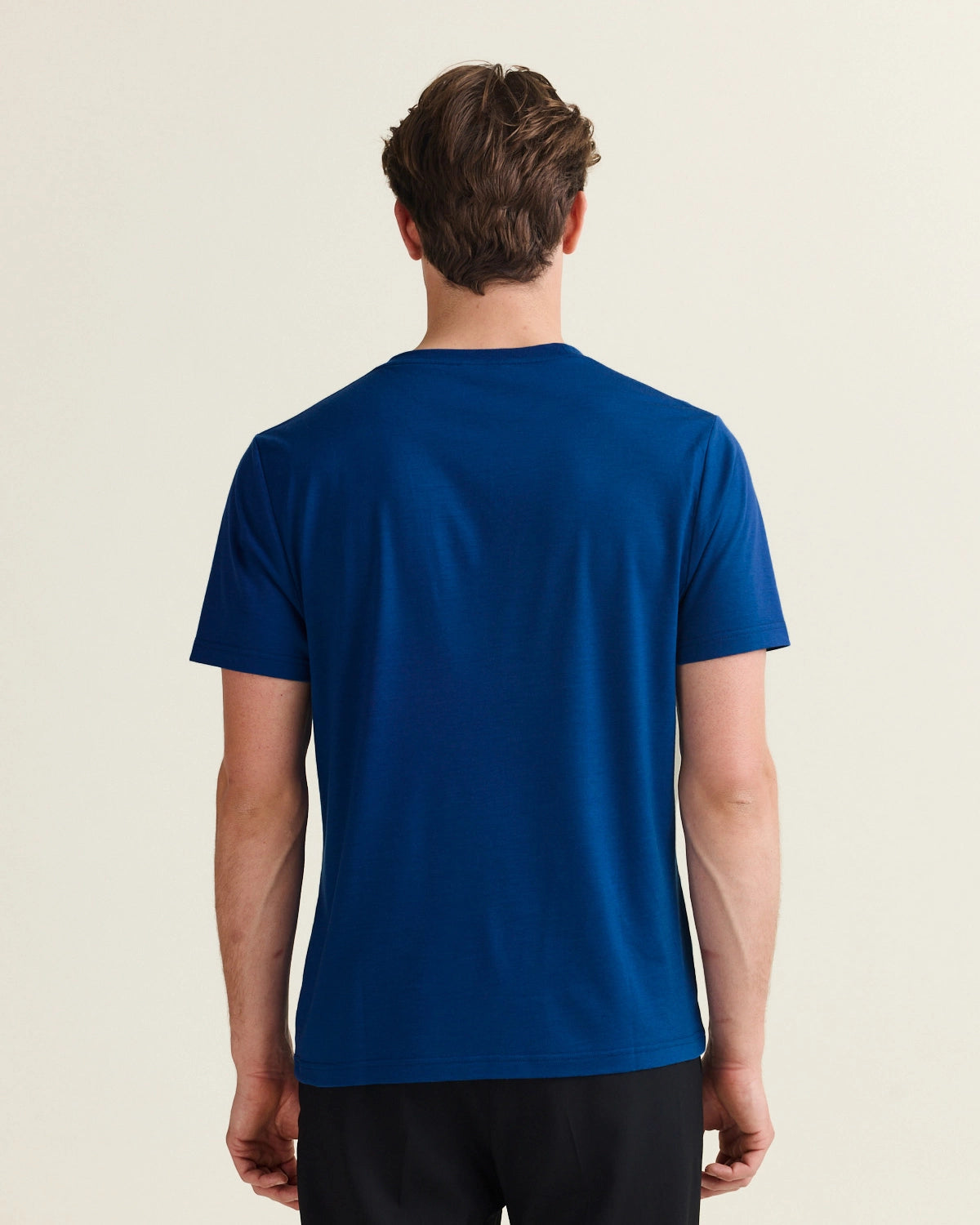 Man wears a blue merino wool T-shirt backview