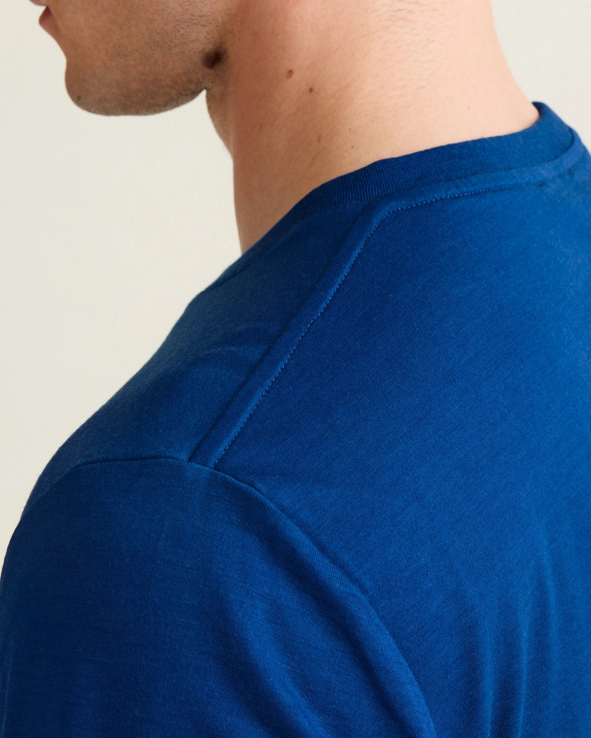 shoulder detail of blue merino wool T-shirt 