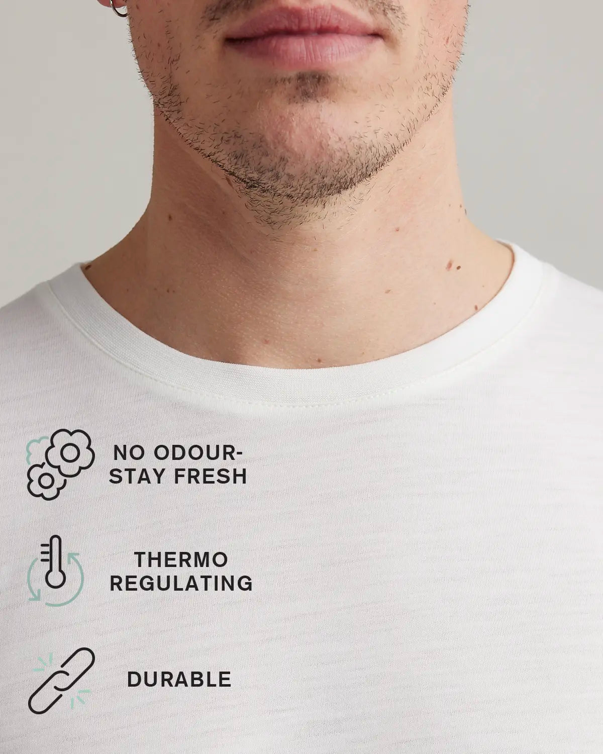 White merino t-shirt with text and icons stating no odour-stay fresh, thermo-regulating and durable.