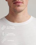 White merino t-shirt made with ClimaForce merino yarn from Wolk with text and icons stating no odour-stay fresh, thermo-regulating and durable.