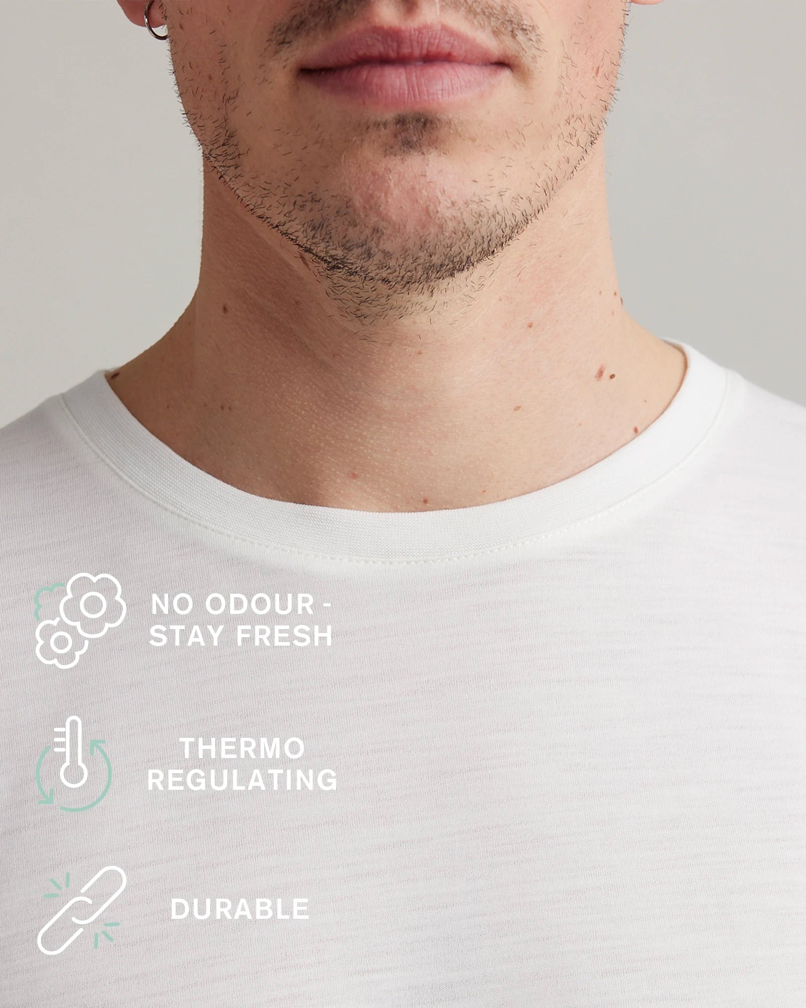 White merino t-shirt made with ClimaForce merino yarn from Wolk with text and icons stating no odour-stay fresh, thermo-regulating and durable.