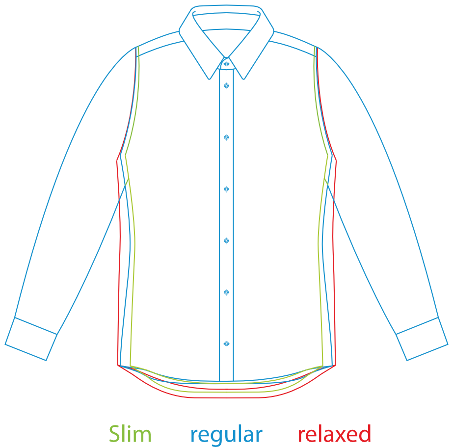 Outline of a shirt with 'Slim', 'regular', and 'relaxed' sizes labeled on a white background.