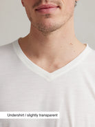 Close up of V neck collar on white merino T-shirt for men
