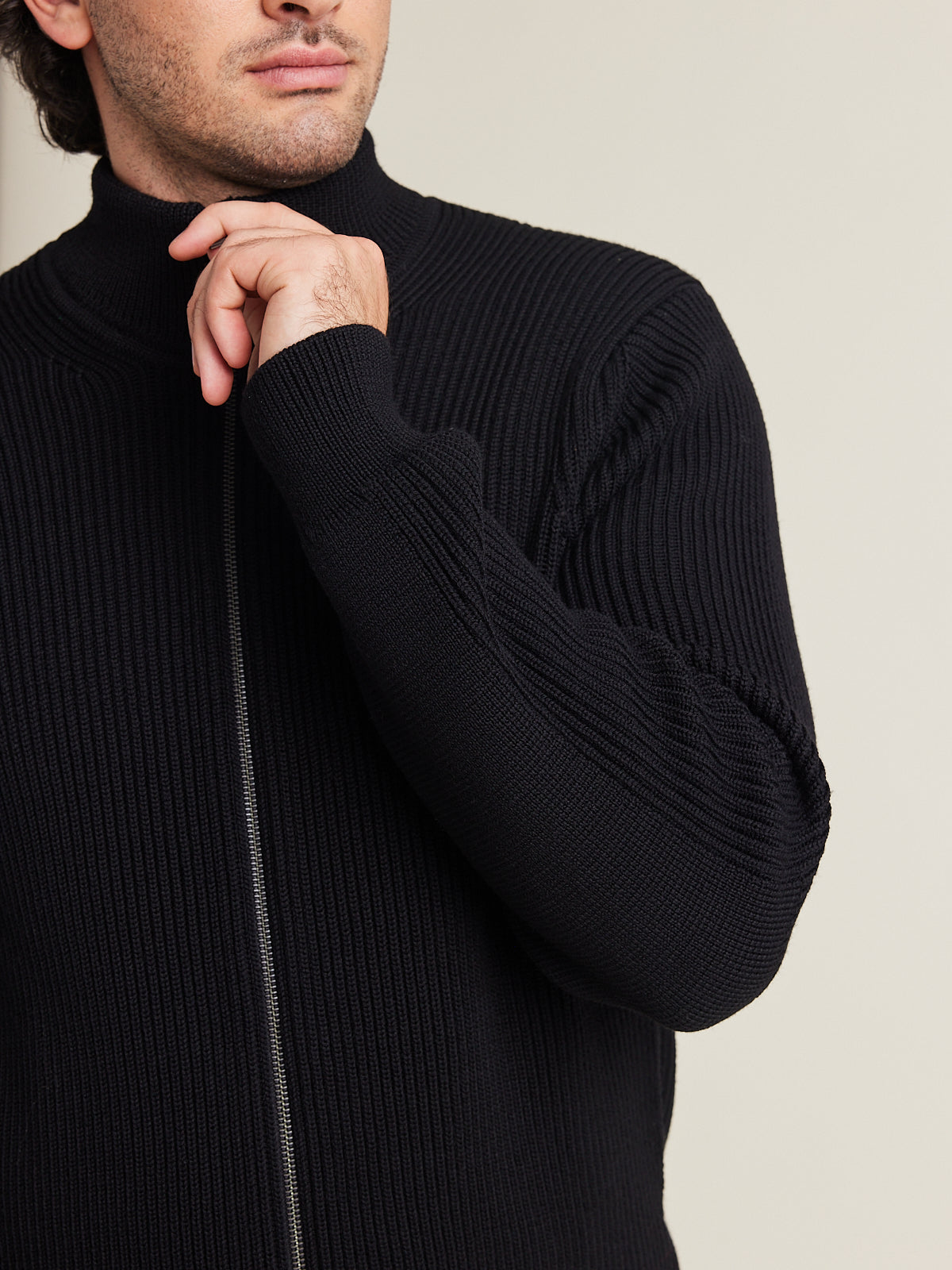 reïnforced elbows on a full cardigan knit merino wool sweater with full zip and high collar for men in black