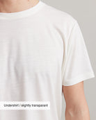 White merino undershirt worn by a person on a gray background